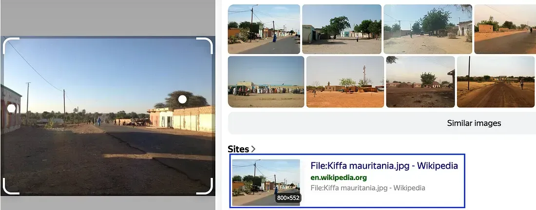 Reverse image search matching the street scene to Kiffa, Mauritania