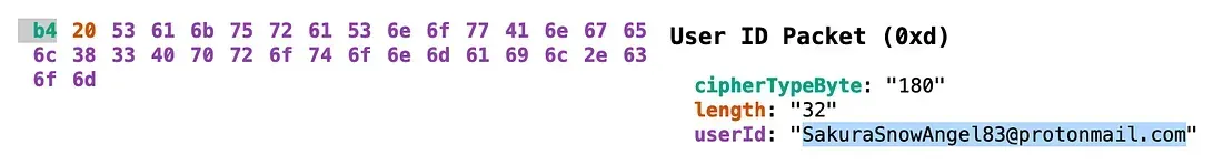 Decoded PGP user ID revealing an email address