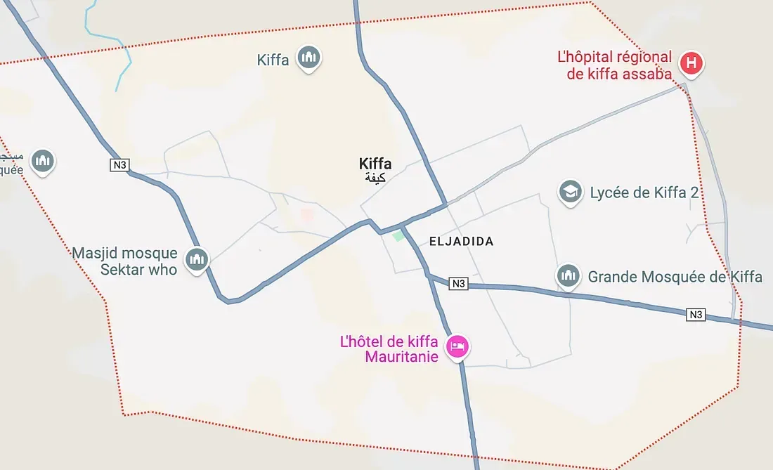 Map of Kiffa with main roads and landmarks