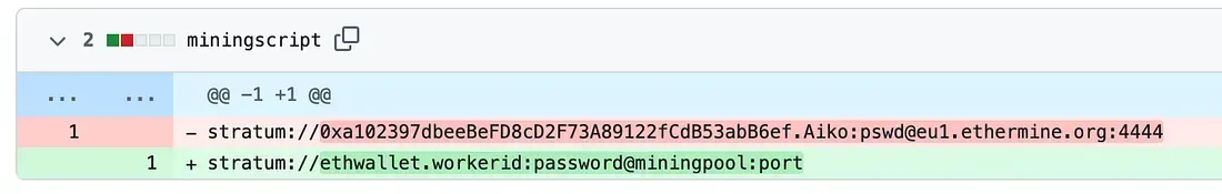 Git diff exposing an Ethereum mining wallet address