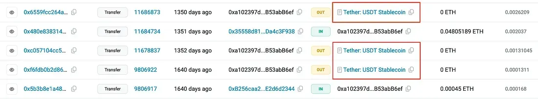 Cryptocurrency transaction history for the exposed wallet