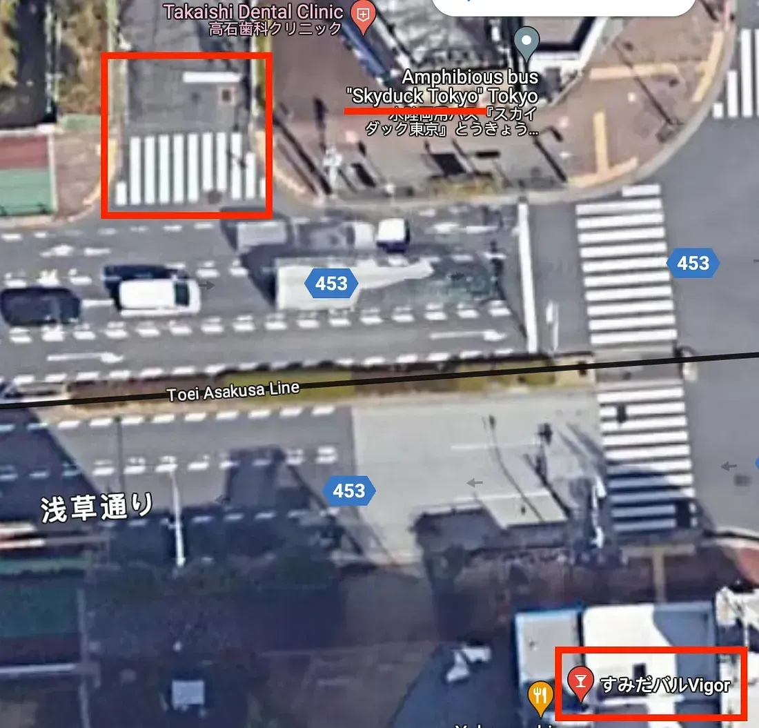 Google Maps views locating the Vigor bar near the Skyduck Tokyo stop